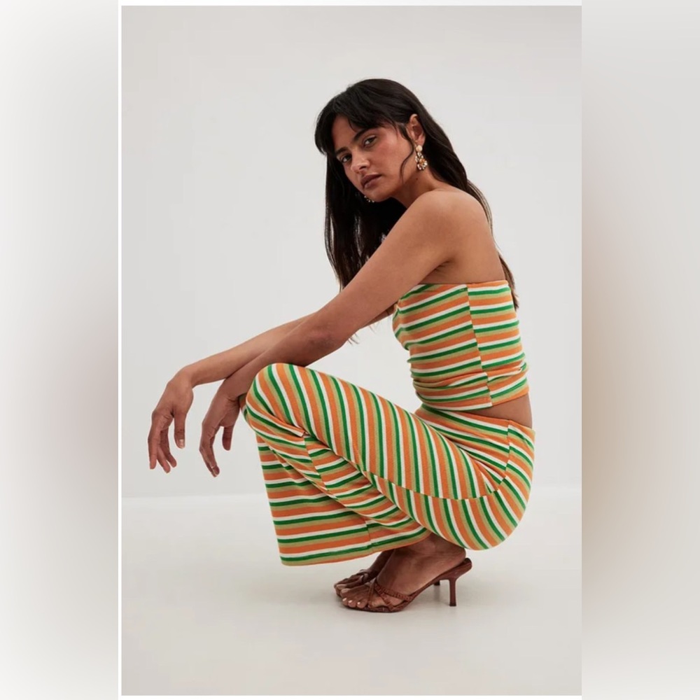NA-KD Orange & Green Striped Pattern Maxi Pencil Bodycon Modest Stretch Skirt XL - Picture 6 of 15
